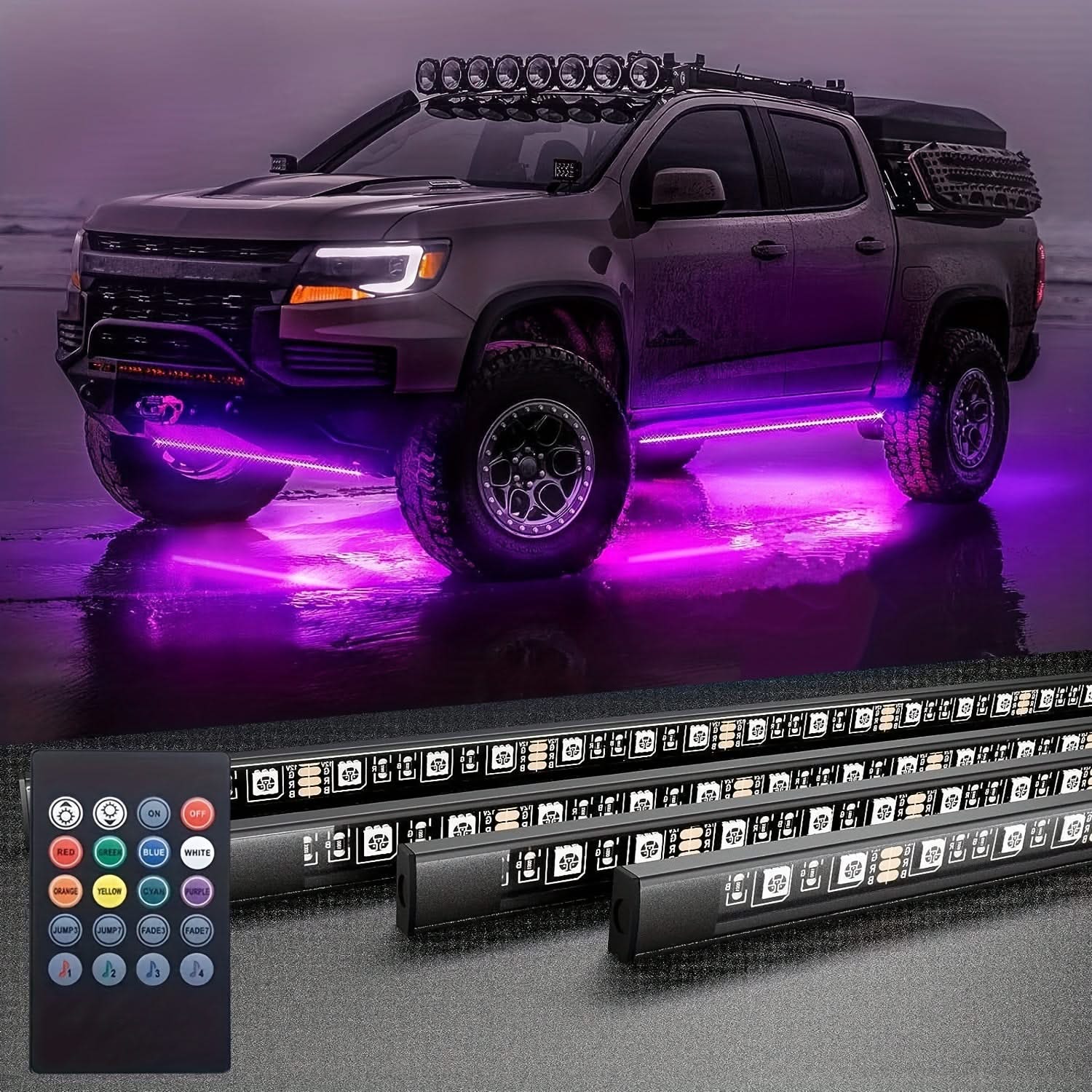 4pcs RGB Car Underglow Lights – 8-Color Music Sync LED Strips for Vehicles