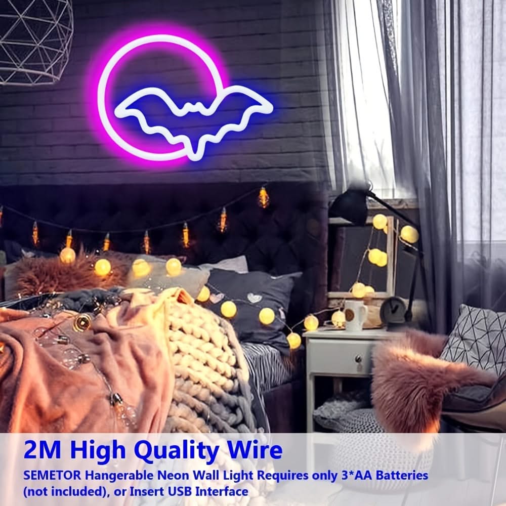 Moon & Bat LED Neon Sign – USB/Battery Powered Wall Light for Halloween & Parties