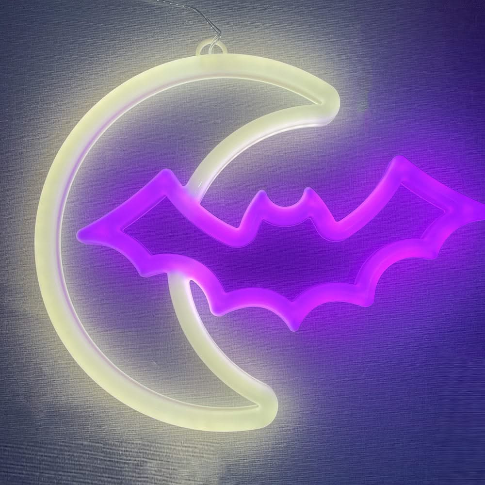 Moon & Bat LED Neon Sign – USB/Battery Powered Wall Light for Halloween & Parties