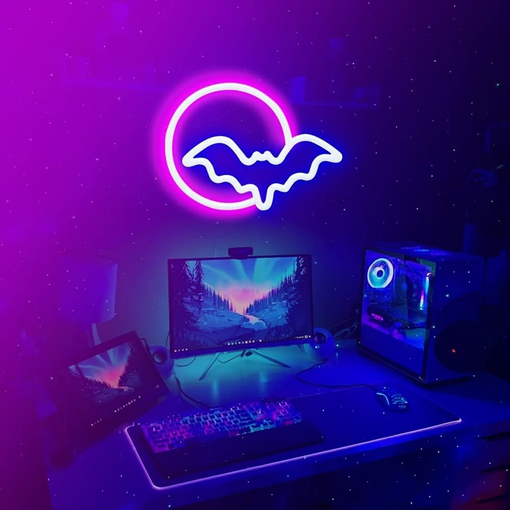 Moon & Bat LED Neon Sign – USB/Battery Powered Wall Light for Halloween & Parties