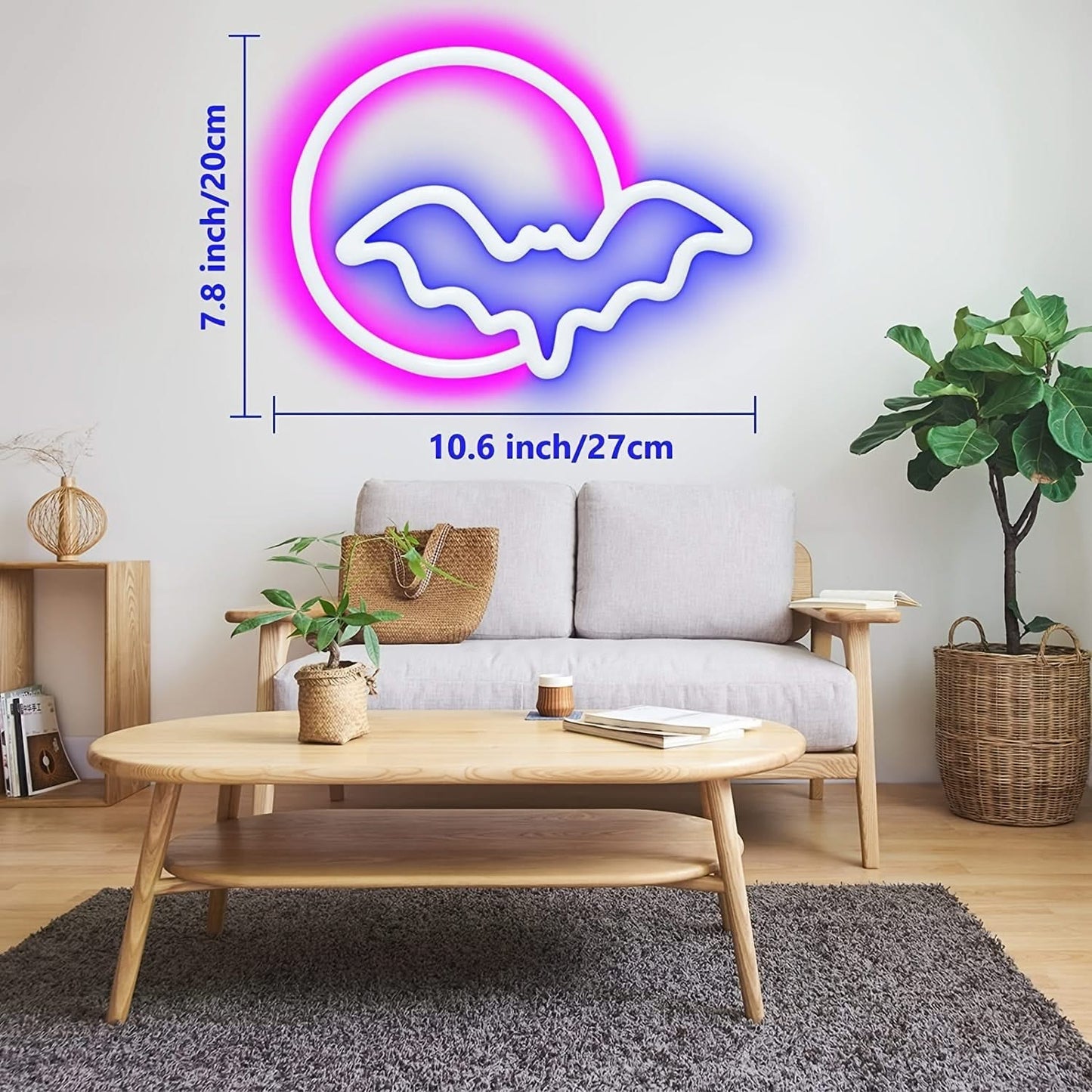 Moon & Bat LED Neon Sign – USB/Battery Powered Wall Light for Halloween & Parties