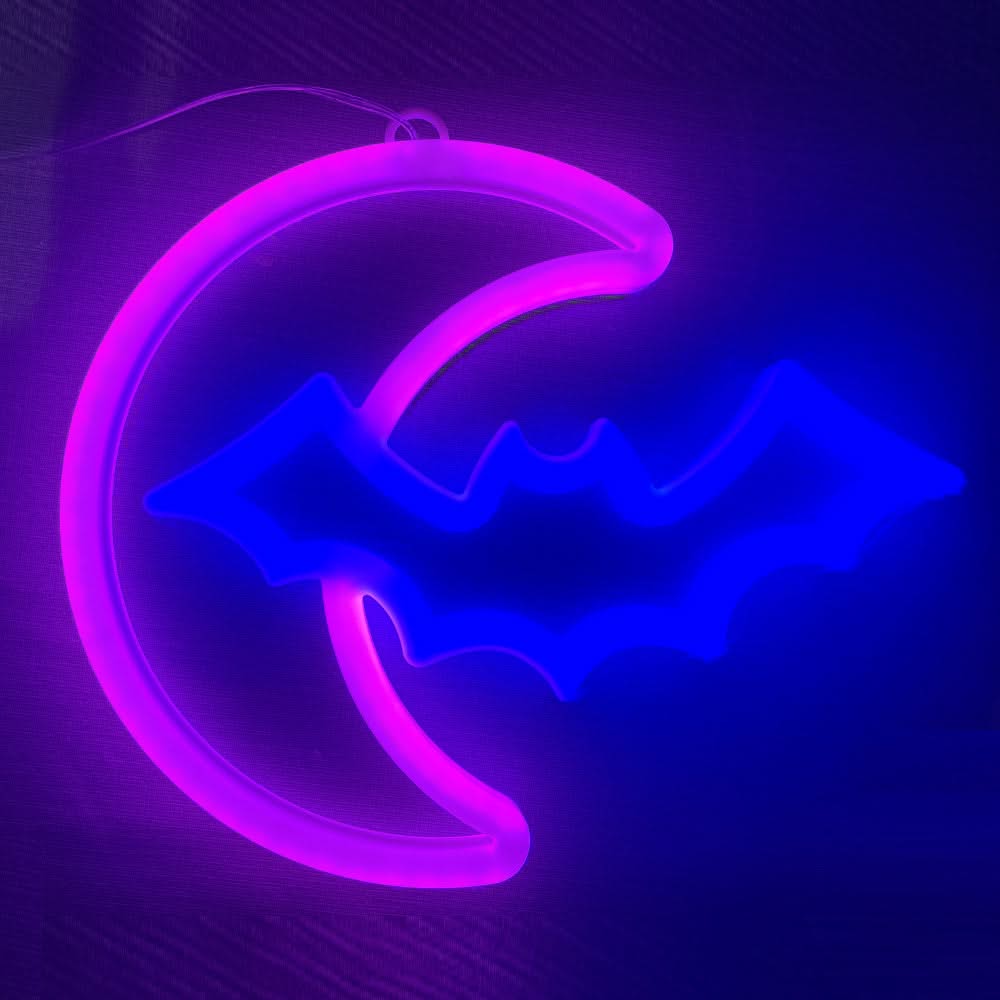 Moon & Bat LED Neon Sign – USB/Battery Powered Wall Light for Halloween & Parties