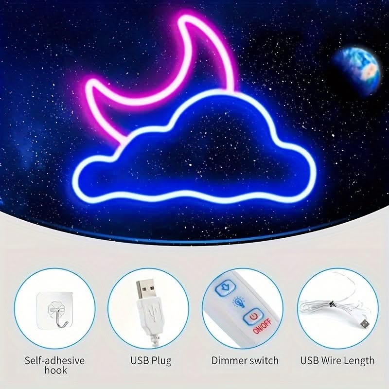 Cloud & Moon LED Neon Sign – USB Wall Light for Bedroom or Nursery Decor
