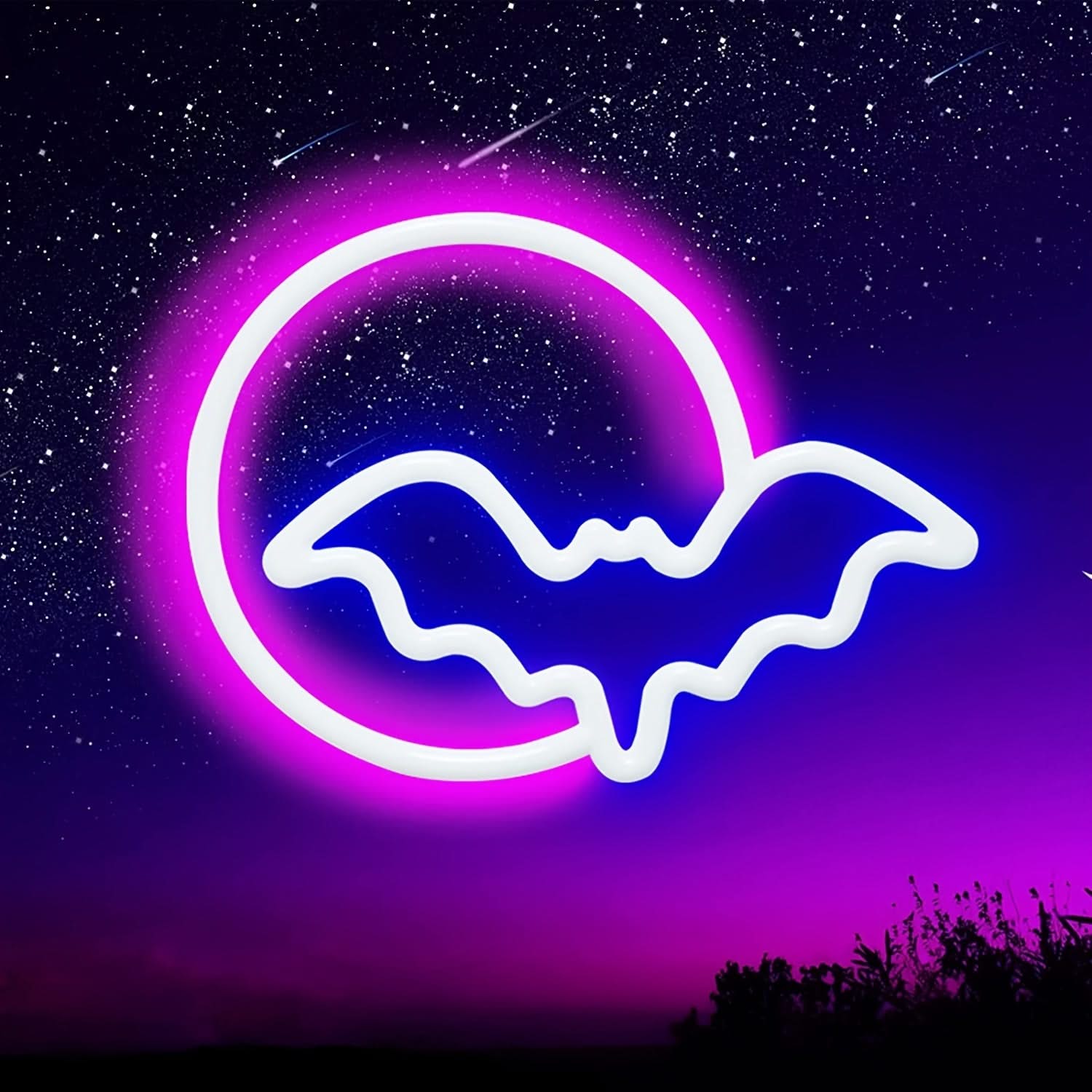 Moon & Bat LED Neon Sign – USB/Battery Powered Wall Light for Halloween & Parties